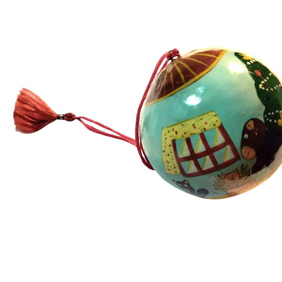 Christmas Ornament Creepy Bear Family Scene Vintage Hand Painted Folk Art - Picture 9 of 10